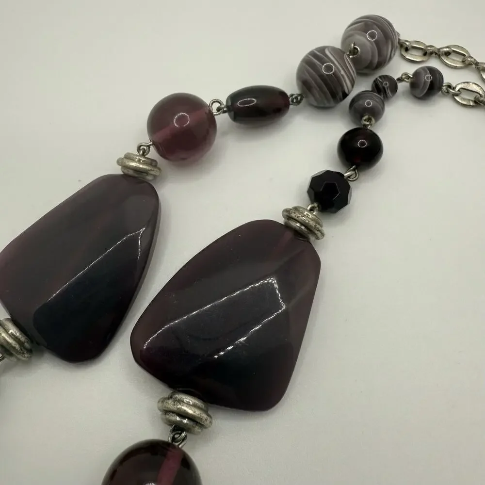 Purple‎ Beaded Necklace Silver Tone Asymmetrical Adjustable 27-30”